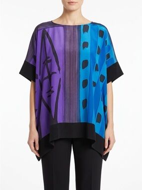 Kay Chapman Lagenlook Poncho Top Hand Painted Silk Purple Blue Black 1